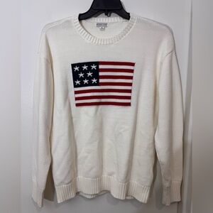 Mighty Fine Cream Crewneck Sweater with Red & Blue Flag Motif